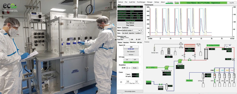 On the left, completed installation of CordenPharma’s SFC 1500 (PIC Solution) technology for lipids purification at CordenPharma Chenôve. On the right, a screenshot of successful first injections towards highly pure lipid GMP manufacturing using the new SFC technology and process.