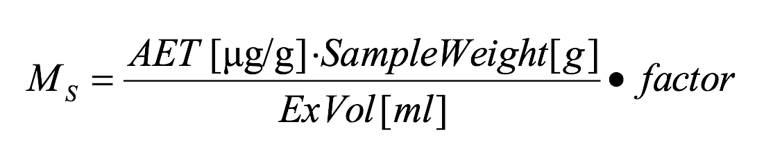 Equation 1: AET = the allowable amount/substance to be released representing the actual analytical evaluation threshold, ExVol = the volume of extraction solvent, factor = the concentration factor to adjust method sensitivity and MS = the analytical sensitivity of the proposed method, with MS > LOQ