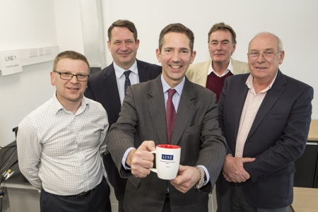 Left to right: Charles Randon – Senior Product Manager at Linx Printing Technologies, Nigel Hood – Managing Director at Linx Printing Technologies, Jonathan Djanogly – MP for Huntingdon and Hill Weinberg and Mike Keeling – Founders of Linx 