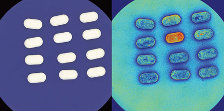 RGB and pseudo images showing the identification of increased active ingredient within the formulation of a single tablet