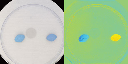 RGB and pseudo images of authentic (left) and counterfeit (right) pharmaceutical