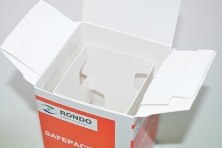 Rondo-Pak’s shock and vibration resistant carton is ideal for steriles or high care liquids