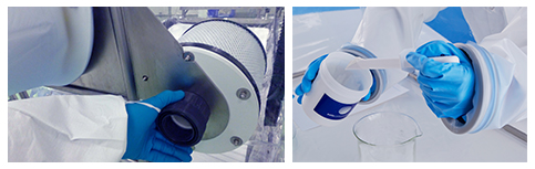 Left image: Single Use HEPA filter System. Right image: Disposable Work Enclosure. 