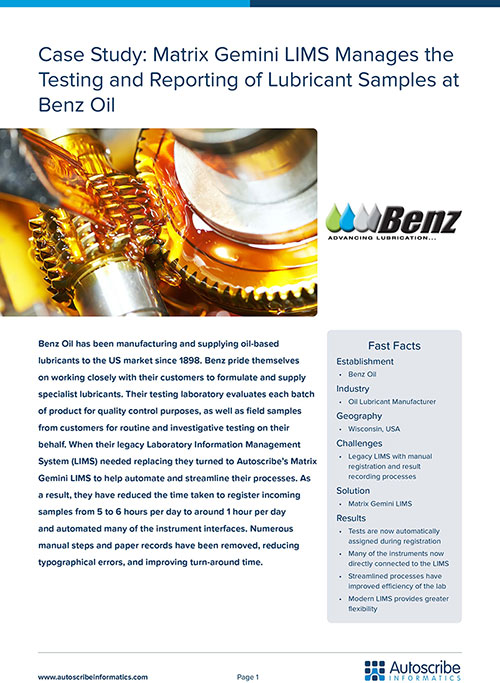 Specialty lubricant manufacturer Benz Oil adopts Matrix Gemini LIMS to manage testing and reporting