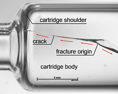 Figure 2: Fracture origins in the shoulder region of syringe barrels