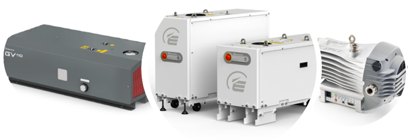 Edwards dry pumps used in freeze drying applications. Left:  GV110 claw pump, middle: GXS screw pump and pump/booster combination, right: nXDS scroll pump. 