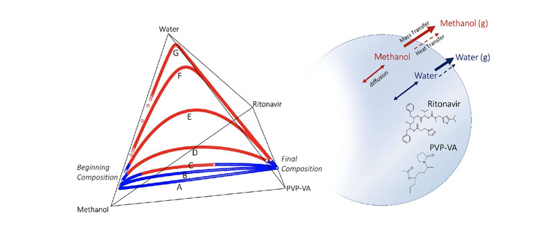 Figure 3: Quaternary diagram tracking the composition of RTV/PVPVA/methanol/water droplets during drying: curves A to G correspond to 90/10, 88.5/11.5, 87.5/12.5, 85/15, 80/20, 70/30 and 50/50 MeOH to H<sub>2</sub>O ratios in the solvent phase of the starting spray solution; the blue portions of the curves indicate API below saturation; the red portions of the curves indicate that the API is in a supersaturated state