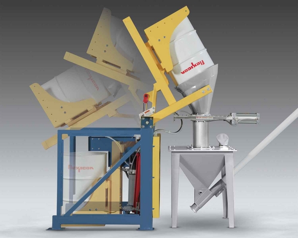 New drum dumper for dust-free transfer of materials