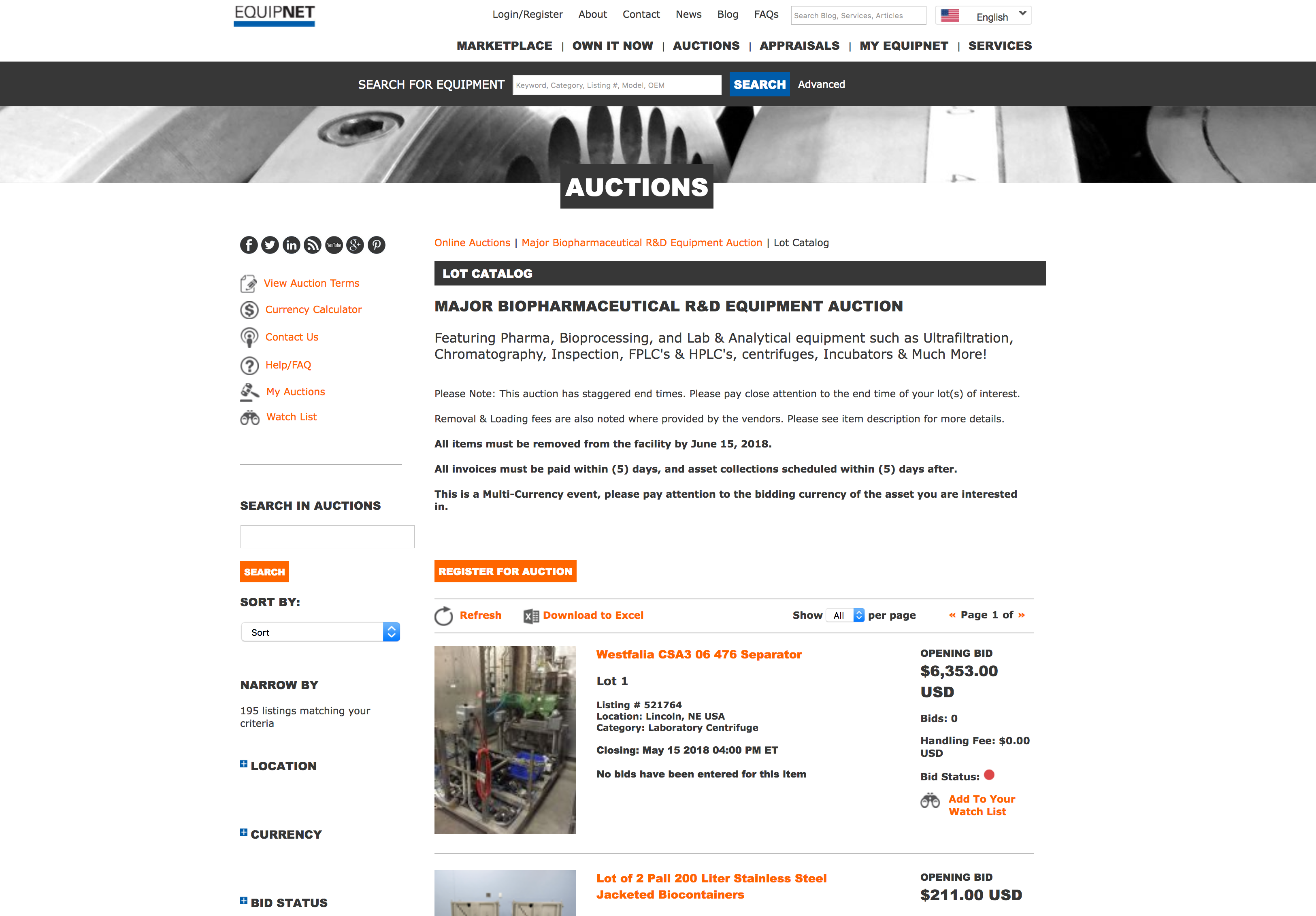 Online auction: major biopharma R&D equipment auction