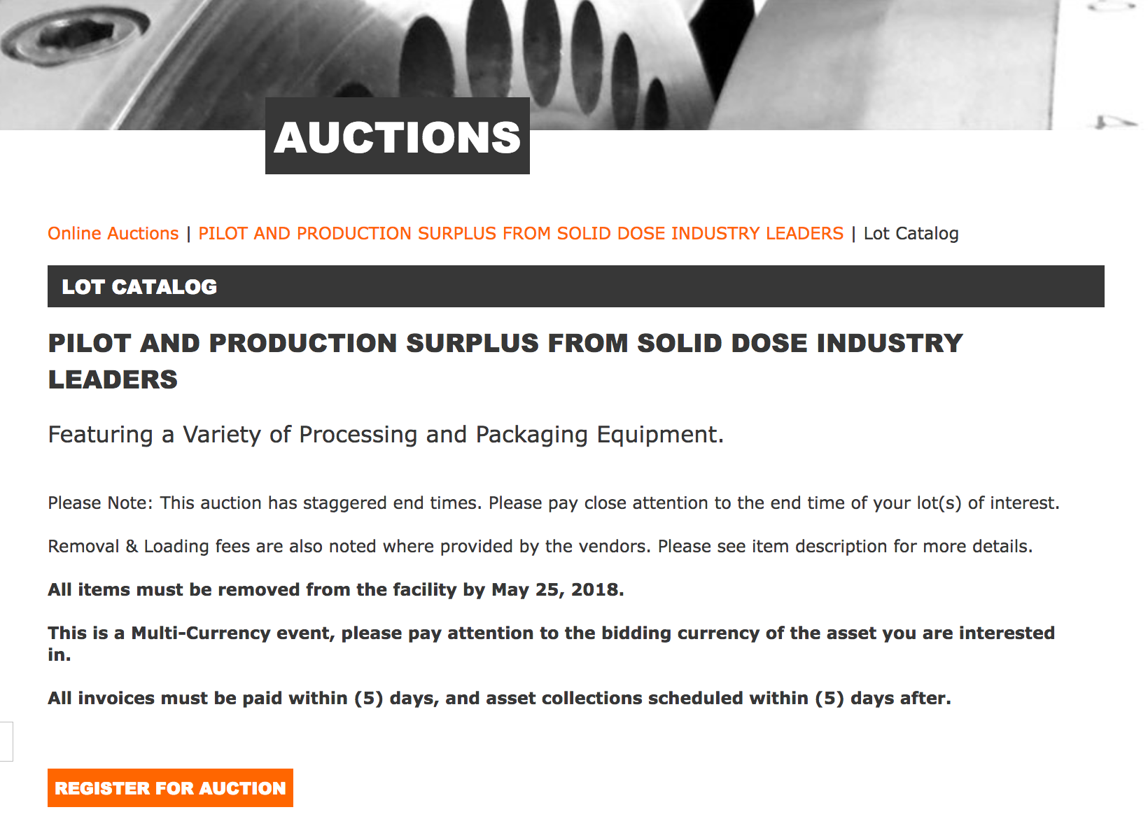Online auction: pilot and production surplus from solid dose industry leaders
